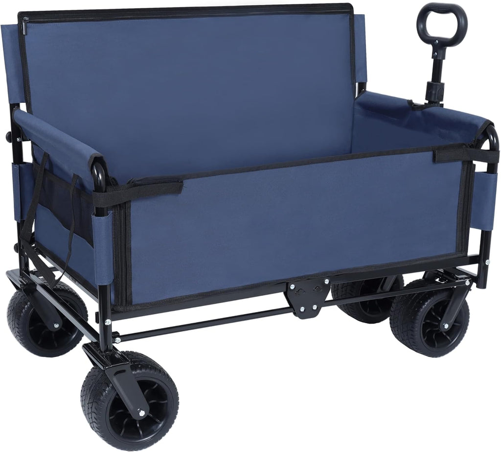 3-in-1 Convertible Folding Wagon Cart with Bench Seat & Storage - 500lbs Heavy-Duty Utility Wagon, 180L Capacity All-Terrain Wheels for Camping, Beach, Sports, Garden (Dark Blue)