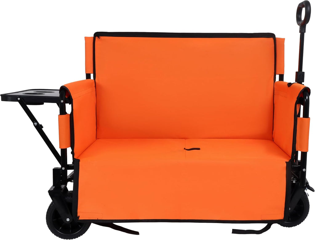 3-in-1 Convertible Folding Wagon Cart with Bench Seat & Rear-Mounted Folding Tabletop - 500lbs Heavy-Duty Utility Wagon, 180L Capacity All-Terrain Wheels for Camping,Beach,Sports,Garden (Orange)