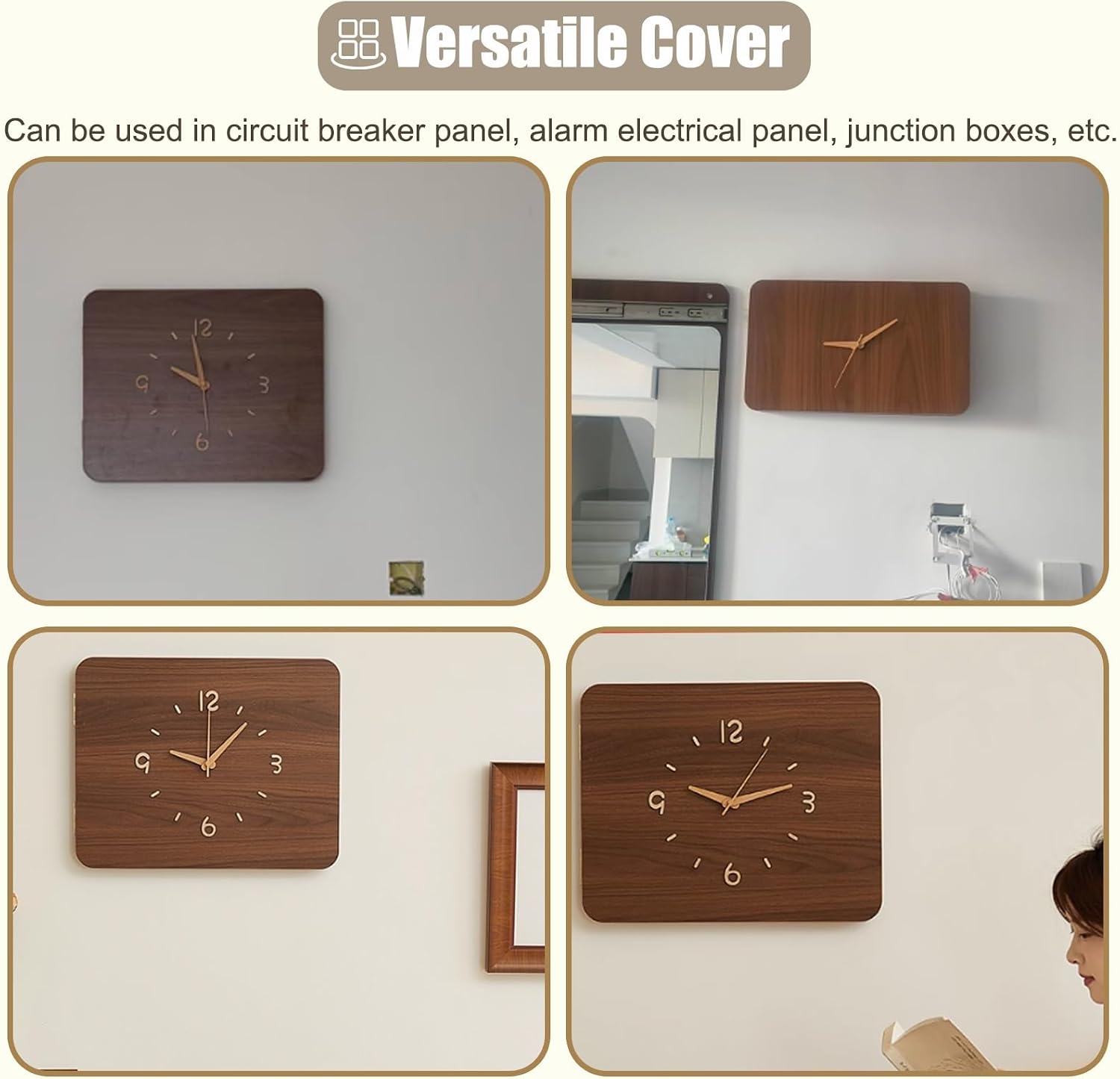 Wooden Electrical Panel Cover with Clock, Decorative Circuit Breaker Box Panel for Hide Wall/Home Decoration, Outside Water Meter Box Covers(32x22cm(12 5/8x8 5/8in))