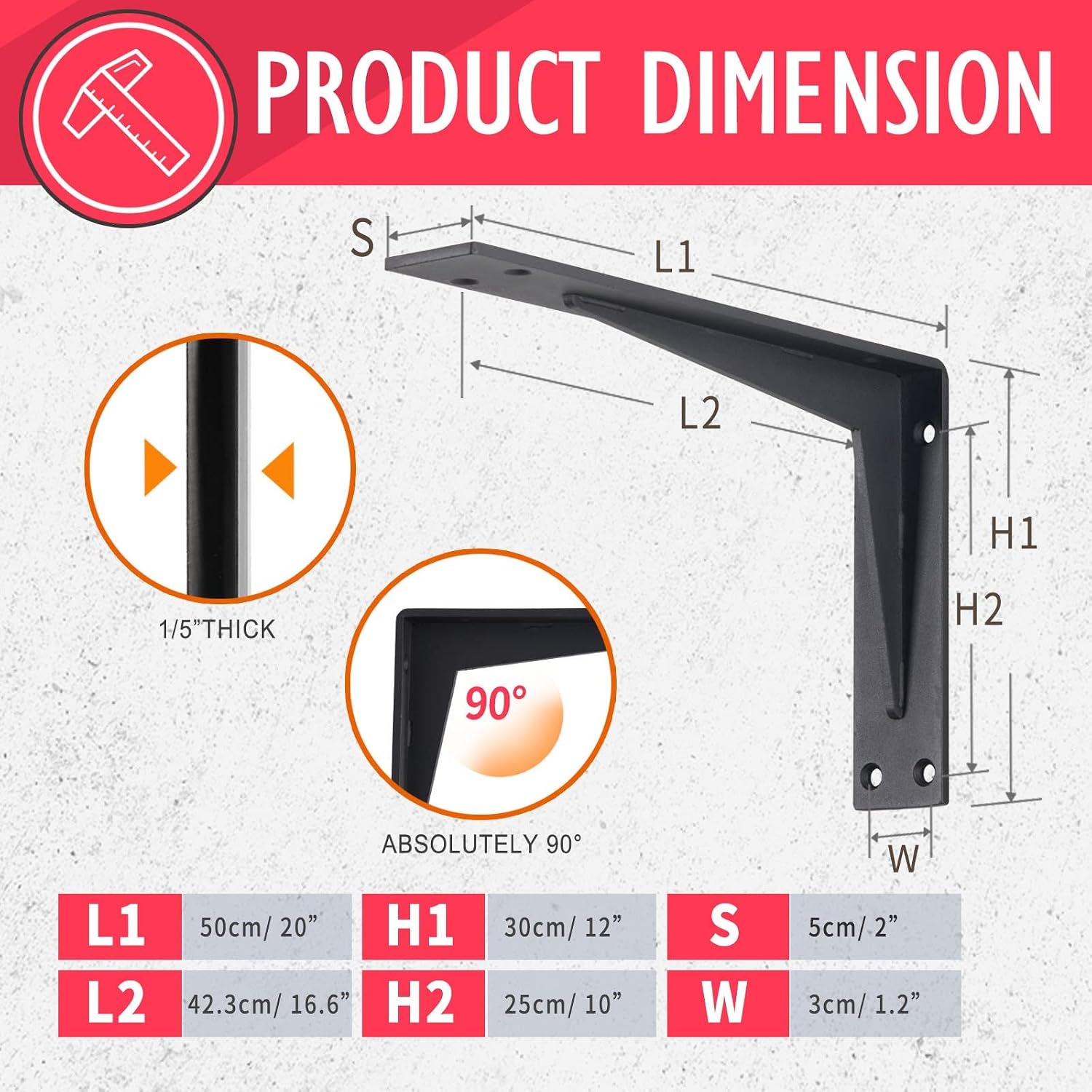 CLT 20' Black Shelf Bracket, 1/5' Thick – Heavy Duty Corner Brace, Supports 550 lbs, Industrial Modern Farmhouse Style – Right Angle Bracket for Tables, Benches, DIY Space-Saving Projects (Pack of 4)