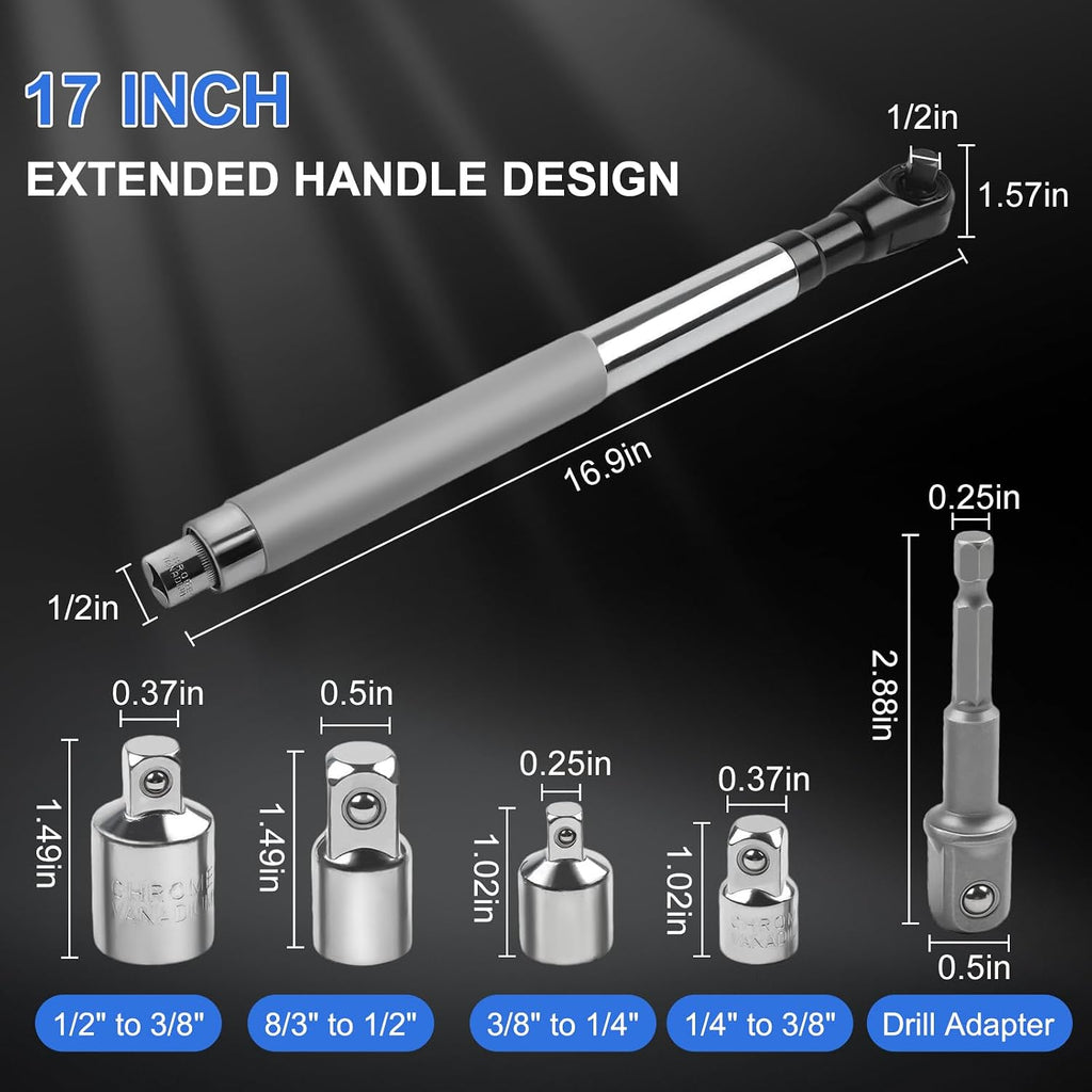 Offset Extension Wrench, 1/2-Inch Electric Drill Adapter, 4 Conversion Adapters, Tight Space Slim Neck Wrench Extender Tool, High Torque Socket Extender, Plumbing Repair Tool