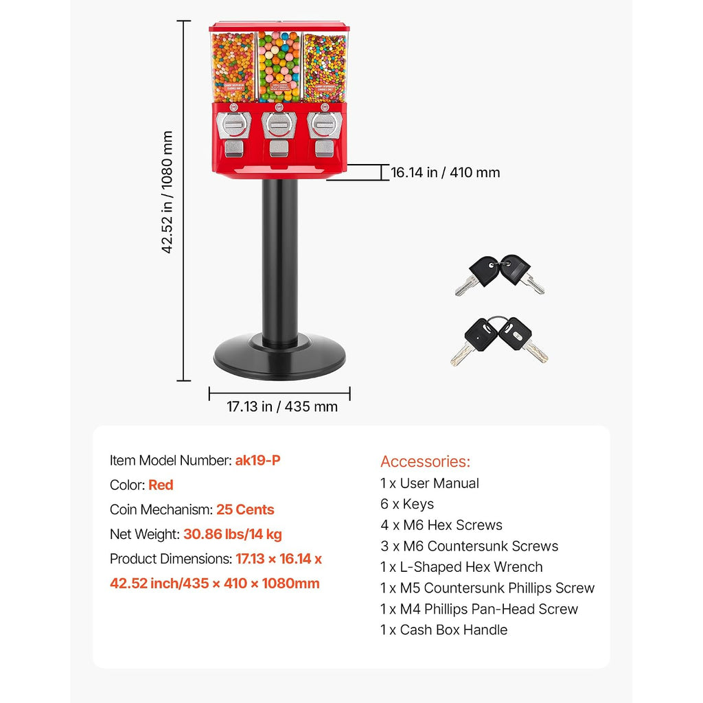 VEVOR Candy Vending Machine, Triple Compartment Candy Dispenser, Commercial Gumball and Candy Machine for Business with Iron Stand, Coin Operated Gumball Bank for Toy Capsules Bouncy Balls Candy