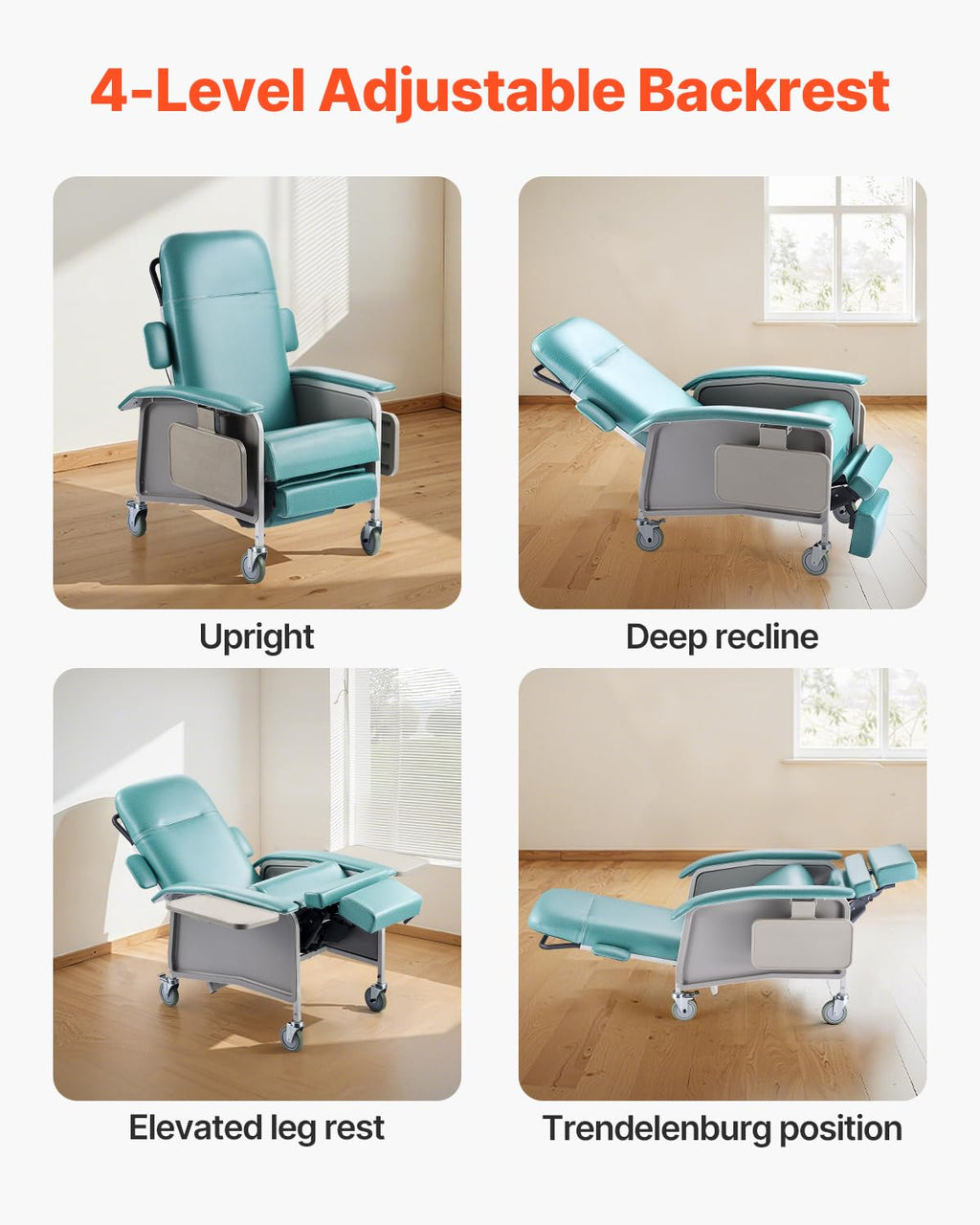 VEVOR Geri Chair Recliner, 4-Position Reclining Geri Chair with 2 Trays, 250 lbs Capacity Trendelenburg Medical Recliner Chair with 4 Wheels for Hospital, Nursing Home, Geriatric Home Care