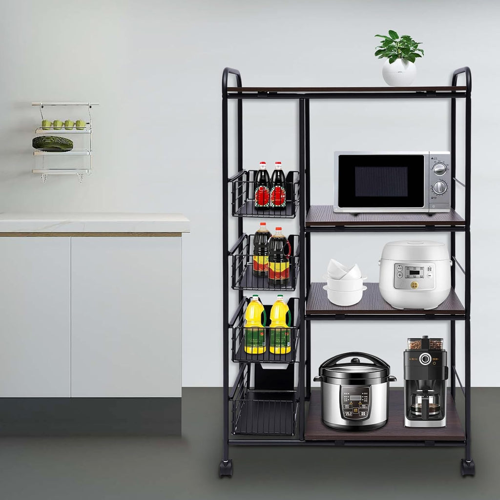 Rolling Microwave Cart,Inrial Metal Microwave Oven Stand,Kitchen Storage Rack,Cart,Serving Cart,Push-Pull Drawers,Bakers Rack,Kitchen Storage Cart,Storage Basket,for Pantry Bathroom Office Living Room