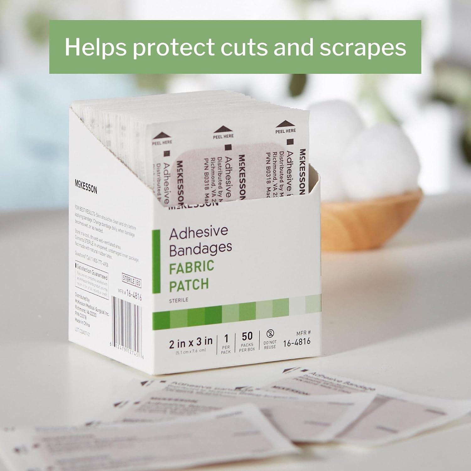 McKesson Adhesive Bandages, Sterile, Fabric Patch, 2 in x 3 in, 50 Count, 24 Packs, 1200 Total