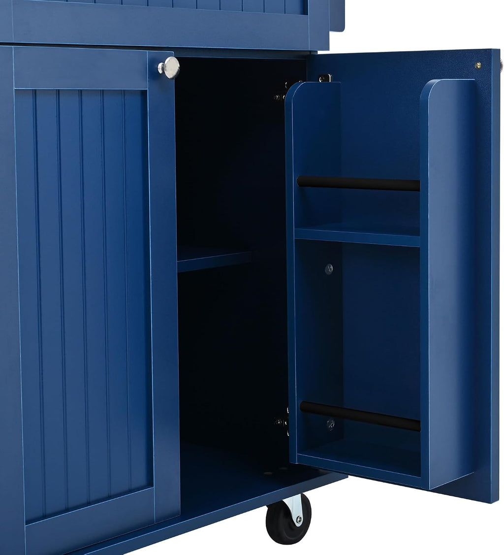 Bellemave Farmhouse Kitchen Island on Wheels with 11.8inch Drop Leaf, 2 Stools, Power Outlet,Kitchen Cart with Storage Cabinet, 2 Drawers, Door Shelves and Towel Rack(Blue)
