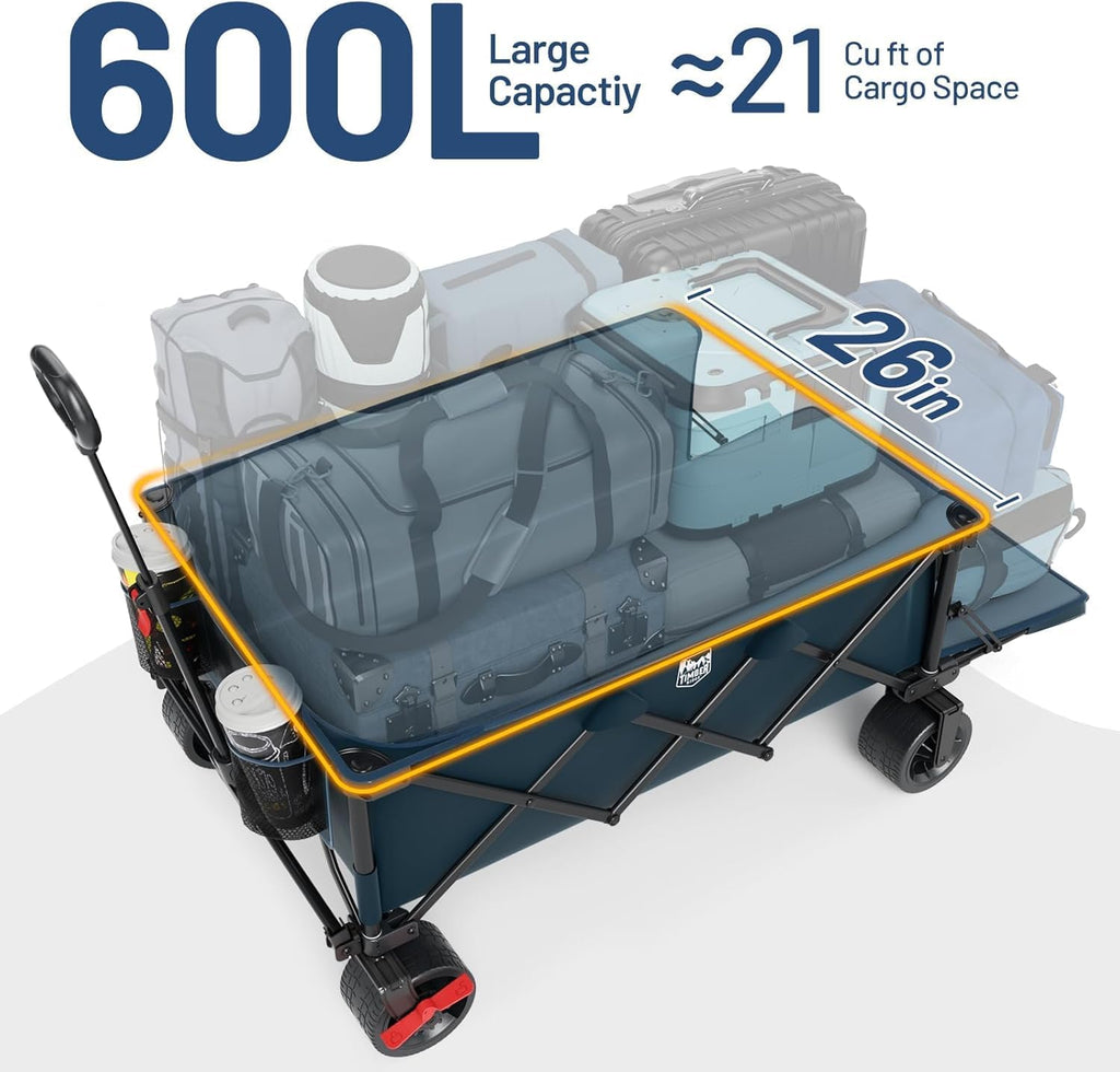 Timber Ridge 600L Beast Wagon 26' W Extra Wide All Terrain Folding w/Big Wheels, Cargo Net & Tailgate, 26' W and 55.25' L, 500lbs Heavy Duty Collapsible Portable Cart for Camping, Sports, Dogs, Blue