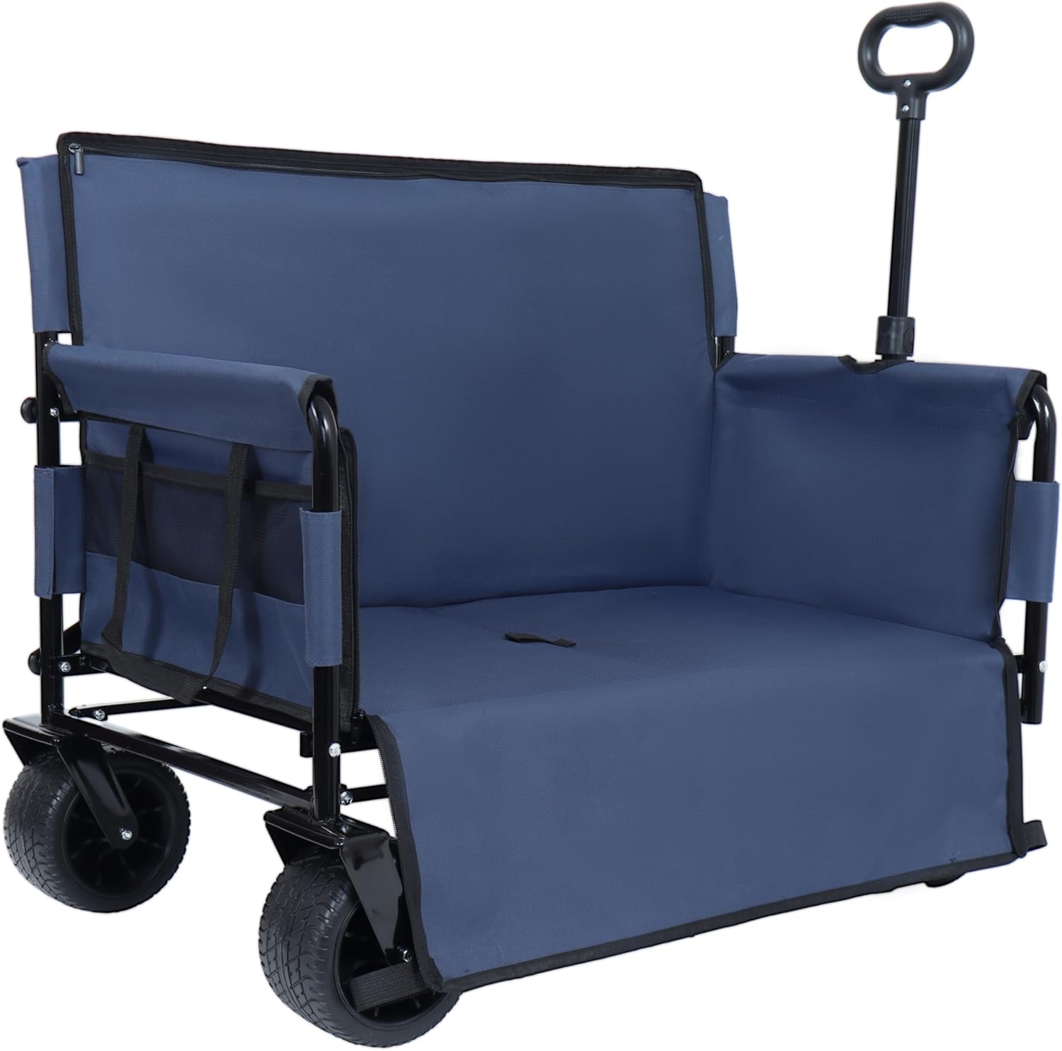 3-in-1 Heavy-Duty Folding Wagon Cart with Bench Seat & Storage – 500lbs Capacity, 180L All-Terrain Utility Cart for Camping, Beach, Sports, & Garden – Collapsible, Adjustable Handle (Dark Blue)