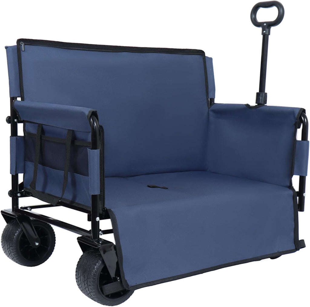 3 in 1 Convertible Folding Wagon Cart with Bench Seat Storage 500lbs Heavy Duty Utility Wagon, 180L Capacity All Terrain Wheels for Camping, Beach, Sports, Garden, Dark Blue