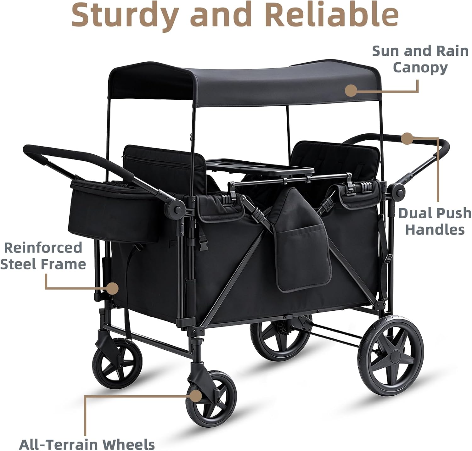 Stroller Wagon for 4 Kids, 4 Seater Wagon Stroller with Convertible Seats Footrests, Snack Tray, Storage Bag, Removable Canopy, Wagon Stroller 4 Seater with Double Push Handle (Black-Convertible)