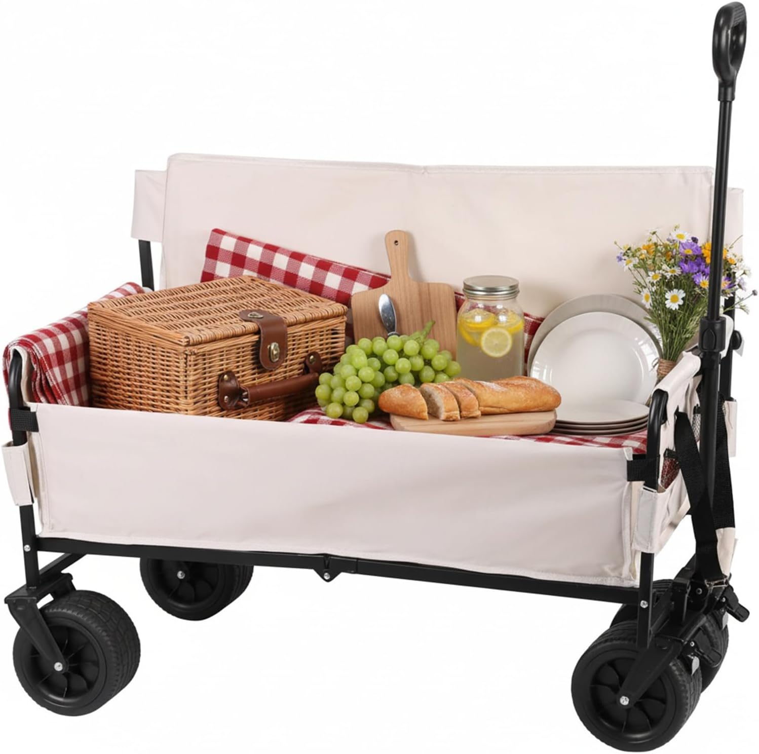 Heavy Duty Wagon Cart Foldable with Big Wheels Heavy Duty Collapsible Utility Wagon for Groceries Garden Sport (Beige)