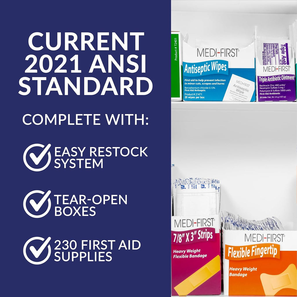 MFASCO 2 Shelf First Aid Cabinet - ANSI/OSHA Class B Type I & II - Medi First Brand Bandages - Carry or Wall Mount - Easy Restock & Refill - - White Enamel Finish - 226 Pcs - 16'x11'x4 7/8'