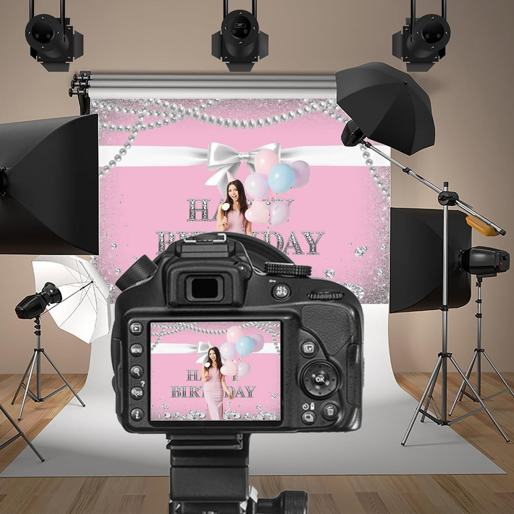 20x10ft Pink Happy Birthday Backdrop Photography Background Silver Bowknot Pearl Necklace Diamonds Backdrop Birthday Party Girls Princess Portrait Photo Studio Video Props