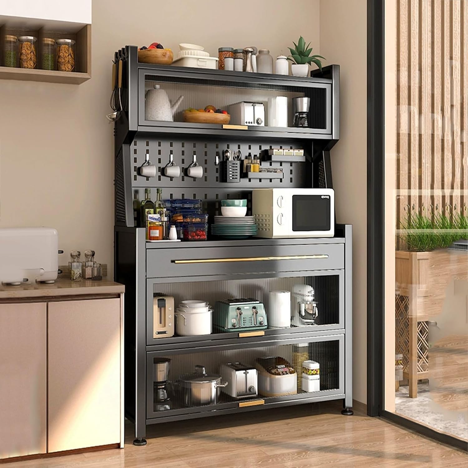 Kitchen Storage Cabinet, Bakers Racks for Kitchens with Acrylic Door, with Drawers, DIY Backplane Creative, Metal Frame(Black,80cm)