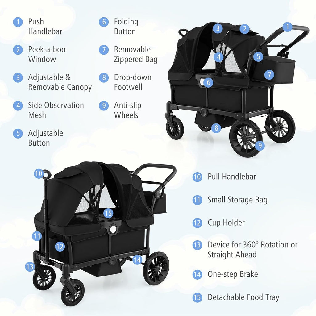 HONEY JOY Wagon Stroller for 2 Kids, 2 Seater Toddler Quad Stroller Wagon, Adjustable Push/Pull Handle Bar, Drop-Down Footwell & Upholstered Seats, Collapsible Kids Wagon with Canopy(Black)
