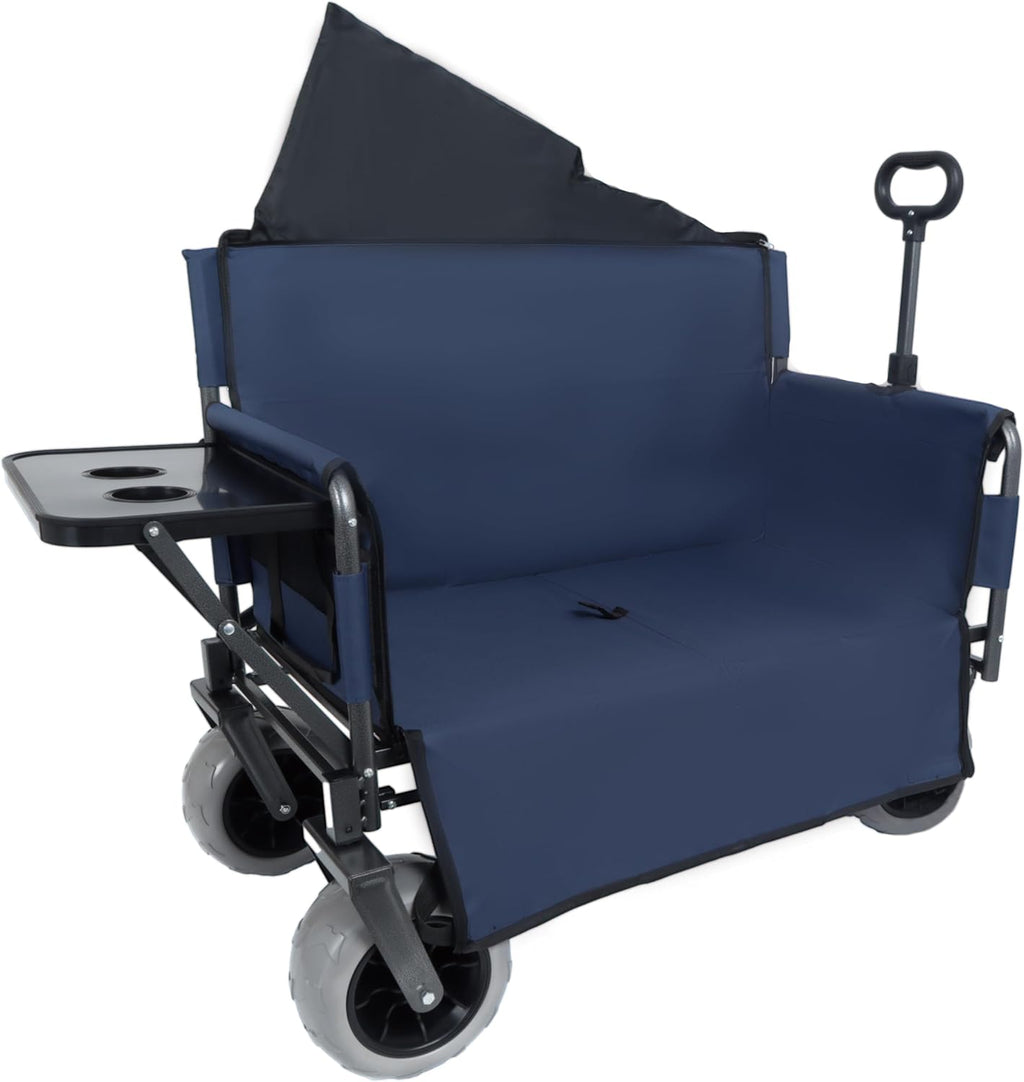 3-in-1 Foldable Wagon Cart with All-Terrain 9'x4' Beach Tires–Collapsible Wagon Design,Rear-Mounted Folding Tabletop&Convertible Bench Seat,Utility Wagon | Beach Cart with Drink Holders (Dark Blue)