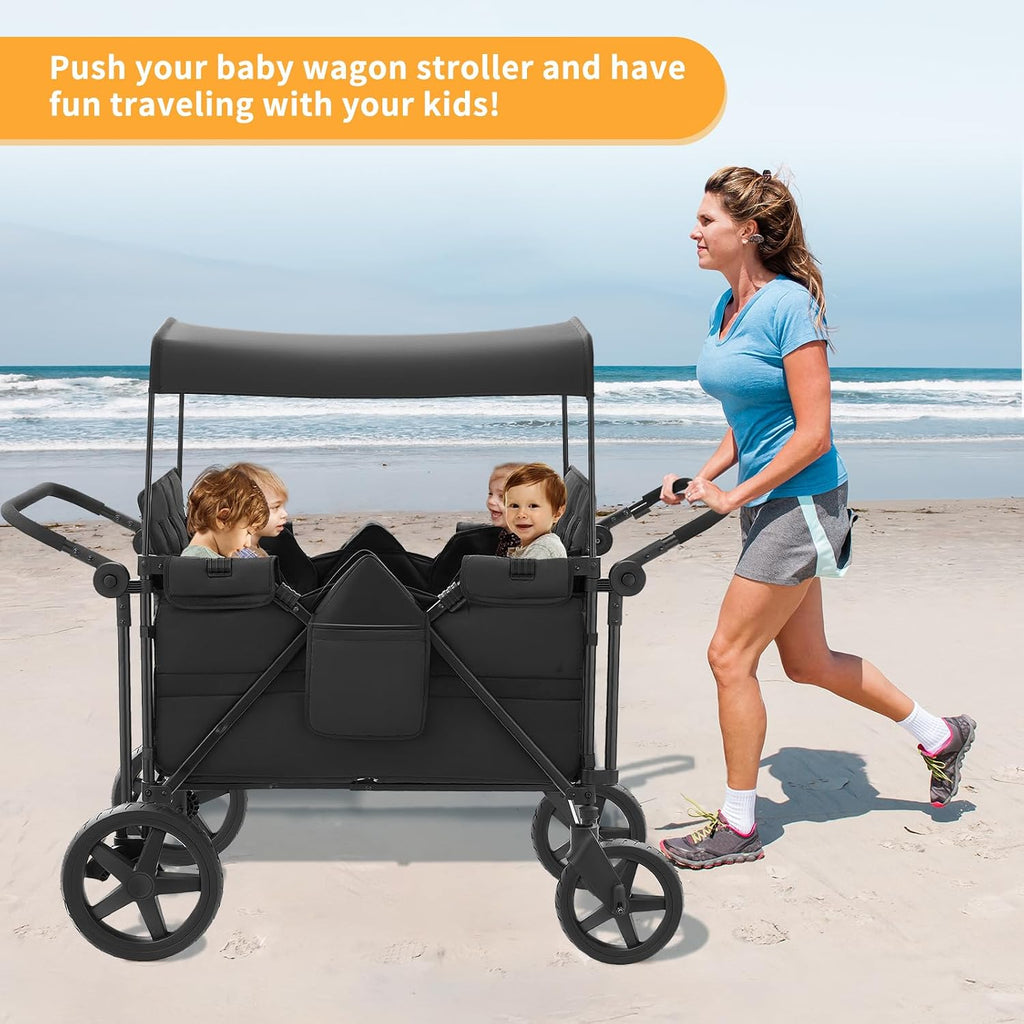 Stroller Wagon for 4 Kids, 4 Seater Wagon Stroller Featuring 4 High Seat with 5-Point Harnesses and Adjustable Canopy, Foldable Double Push Bar Wagon Stroller 4 Seater for Garden, Camping (Black)