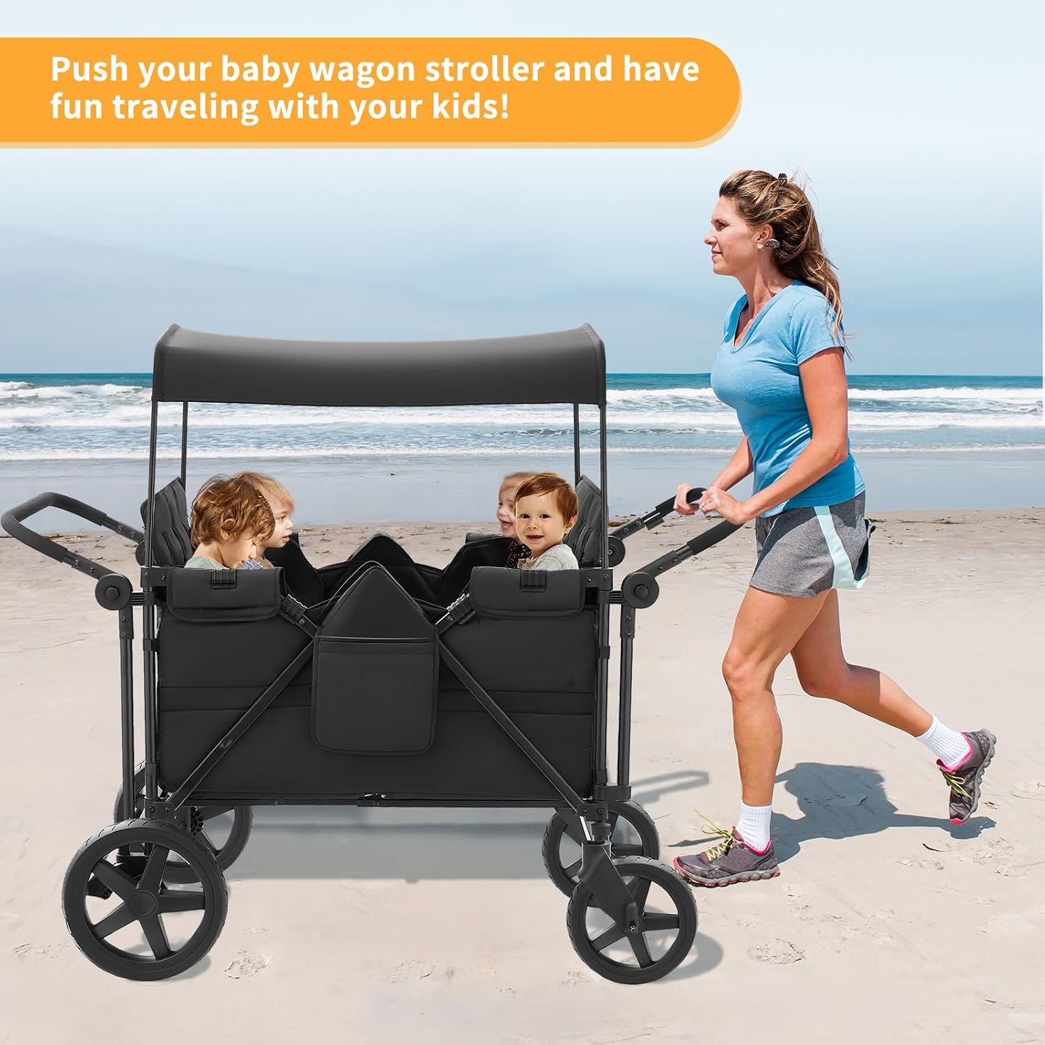 Stroller Wagon for 4 Kids, 4 Seater Wagon Stroller Featuring 4 High Seat with 5-Point Harnesses and Adjustable Canopy, Foldable Double Push Bar Wagon Stroller 4 Seater for Garden, Camping (Black)