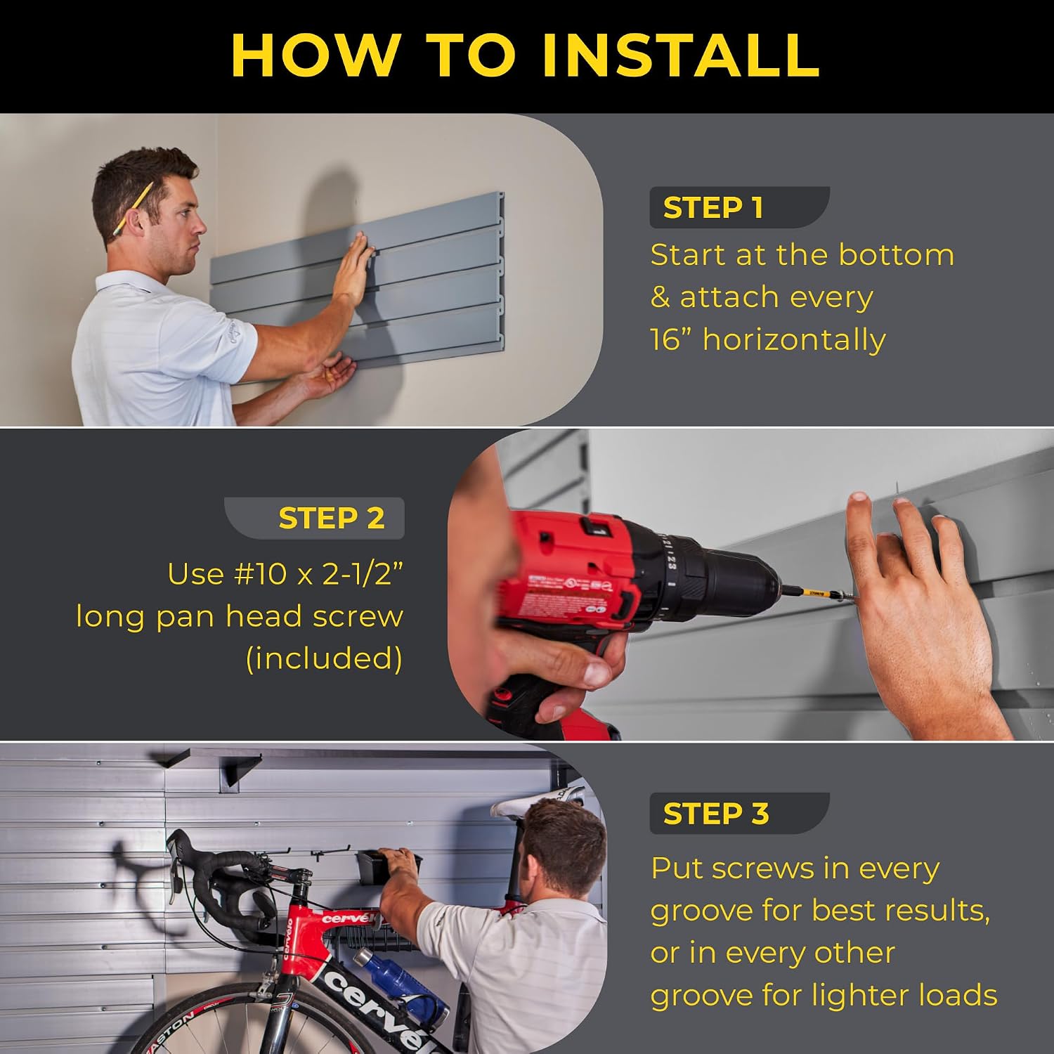Heavy Duty 4x4 PVC Garage SlatWall Storage System (with Endcaps & Screws) - Modular Slat Wall Paneling for Garage Wall Organizer - Interlocking SlatWall Panels for Home & Commercial Use (Black)