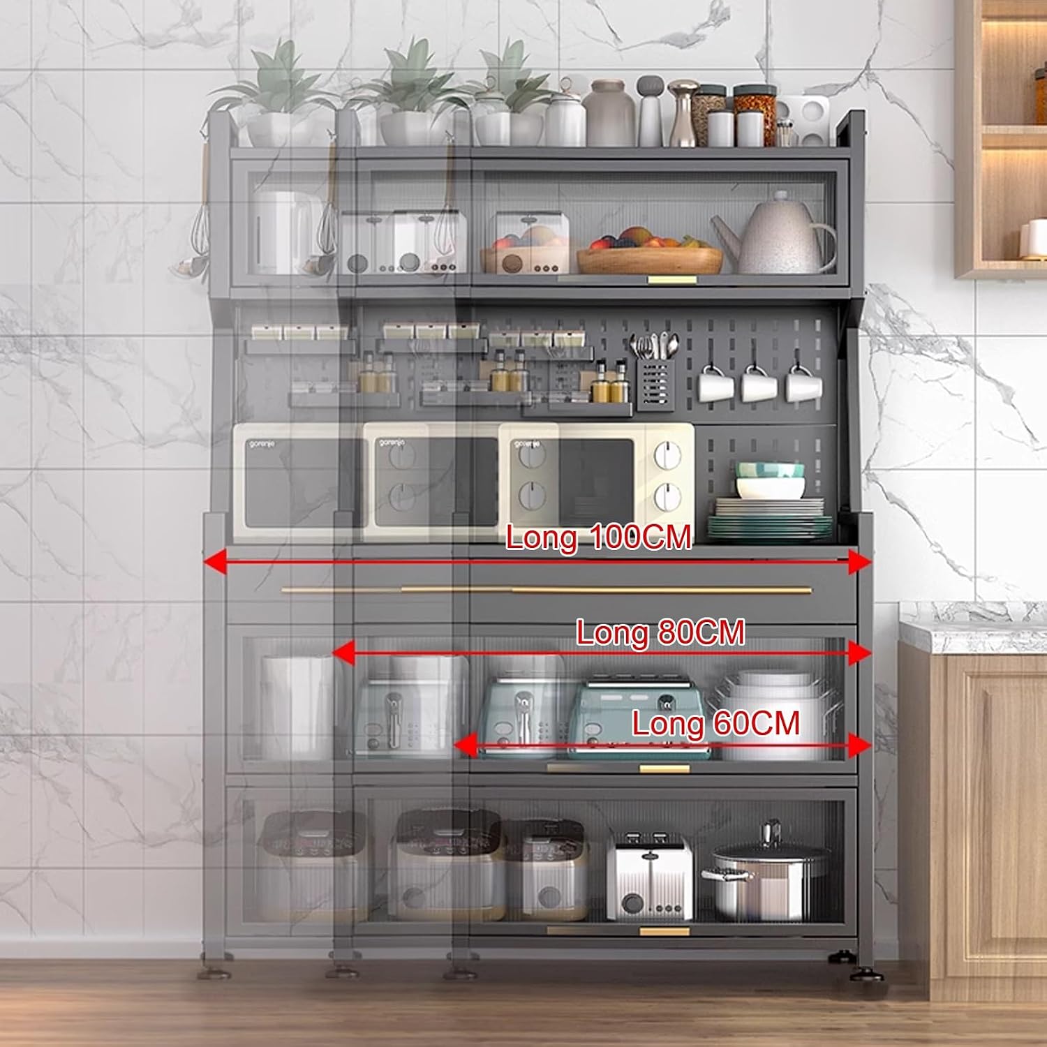 Kitchen Storage Cabinet, Bakers Racks for Kitchens with Acrylic Door, with Drawers, DIY Backplane Creative, Metal Frame(White-80Cm)