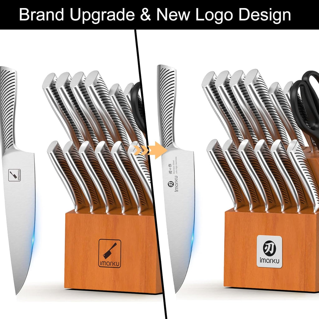 imarku 14-Piece Knife Set, Japanese Stainless Steel Knives Set for Kitchen, Full-Tang Gyutou Knife Sets with Block and Build-in Sharpener, Brown, Dishwasher Safe, House Warming Gifts for Men