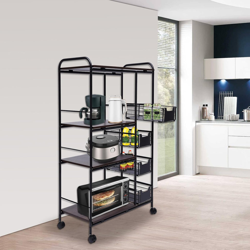 5-Tier Kitchen Bakers Rack with Storage, Kitchen Storage Cart with Wheels, Industrial Microwave Stand, Freestanding Kitchen Stand Storage Shelf, Mobile Storage Rack with Four Sliding Drawers