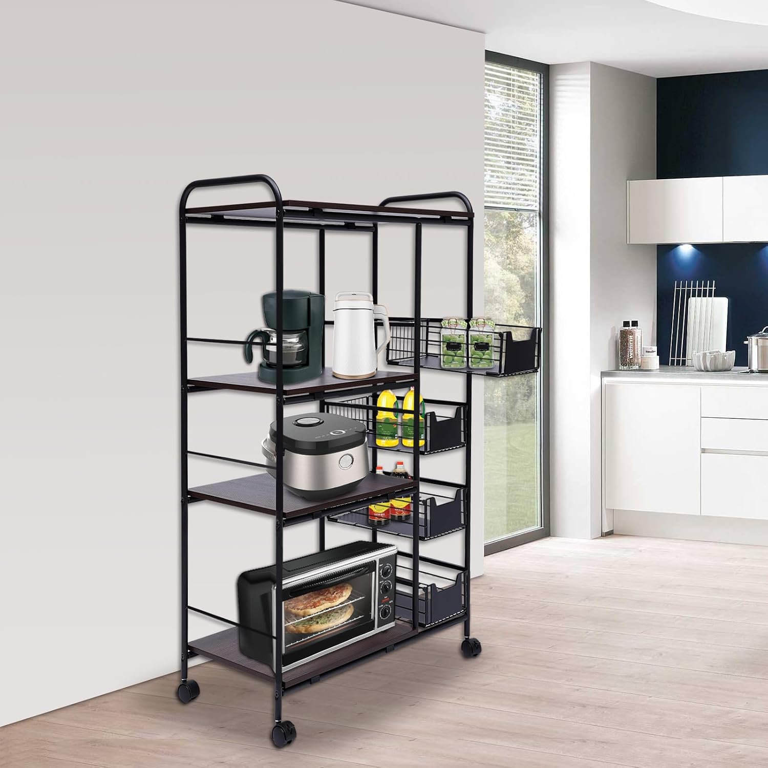 5-Tier Kitchen Bakers Rack with Storage, Kitchen Storage Cart with Wheels, Industrial Microwave Stand, Freestanding Kitchen Stand Storage Shelf, Mobile Storage Rack with Four Sliding Drawers