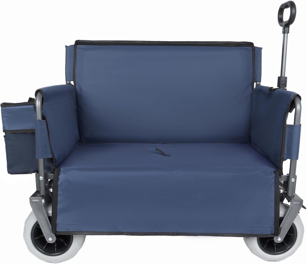 Dark Blue Collapsible Wagon, Bench Seat & Storage, All-Terrain Wheels, Steel Frame, Folding Camping Cart for Beach, Sports, Fish, 40.94x20.47x44.29 in
