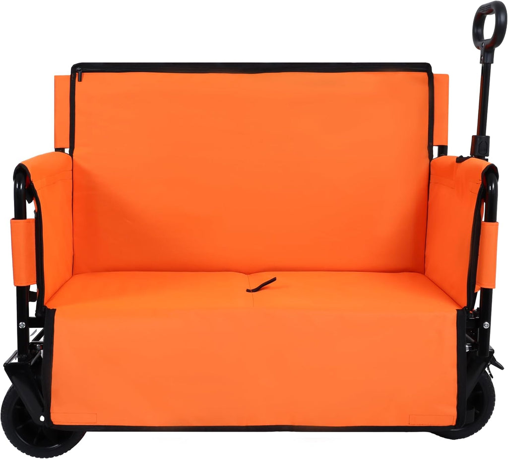 Orange Collapsible Wagon with Bench Seat, Storage & All-Terrain Wheels, Steel Frame, Folding Camping Cart for Beach, Sports, Lawn, 37x24.02x40.94 in