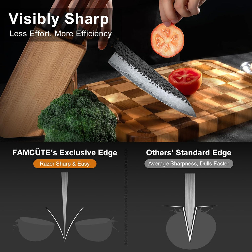 FAMCüTE Japanese Knife Block Set, Hand Forged 5-Layer 9CR18MOV Clad Steel Ultra Sharp Kitchen Knives with Wooden Storage & Rosewood Handle, Includes Chef, Santoku, Nakiri, Fruit Knife for Home Mom/Dad