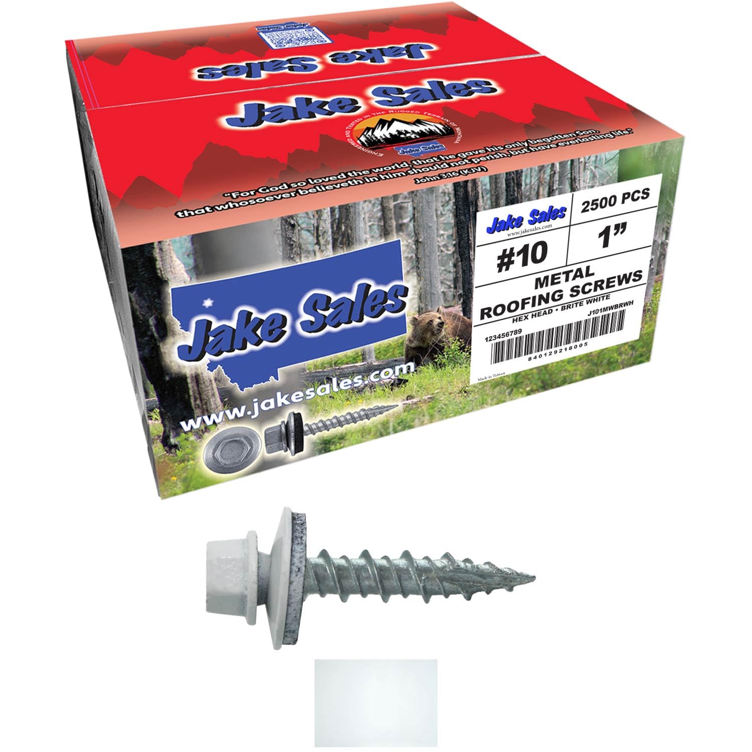 10 x 1 Brite White Metal Roofing Screws - Hex Washer Head- Self-Starting/Tapping - EPDM Washer. 10 X 250 Bags - 2,500 Screws