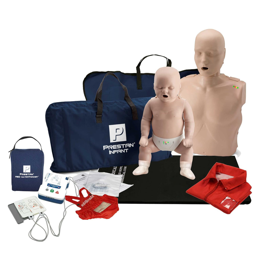 PRESTAN CPR Manikin and One Infant CPR Manikin Training Kit w/AED Trainers and Accessories, Medium Tone, MCR Medical