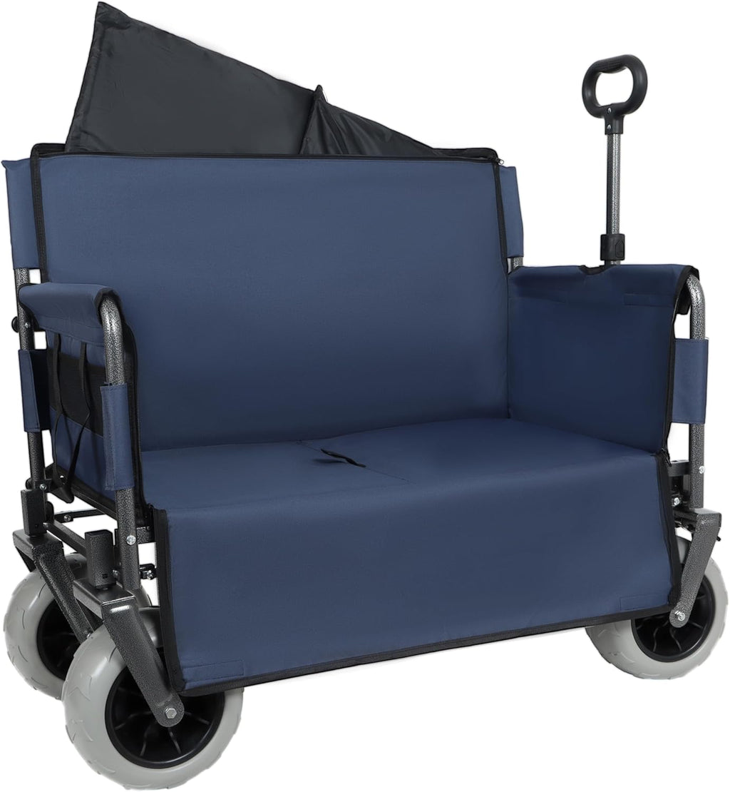 3-in-1 500lbs Large Collapsible Folding Wagon, Convert to Bench, 9'x4' Beach Tires, Foldable Beach Wagon with Wheels for Sand, Outdoor Utility Wagon for Groceries, Camping, Sports, Shopping, Dark Blue