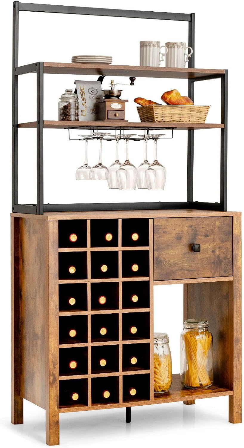 Kitchen Bakers Rack Pantry Microwave Stand Storage Cabinet Freestanding 18 Bottles Wine Rack with 6 Wine Glasses Holder Designed with 3 Tiers Shelf Drawer Bottom Open Compartment Anti-Toppling Design