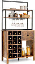 Kitchen Bakers Rack Pantry Microwave Stand Storage Cabinet Freestanding 18 Bottles Wine Rack with 6 Wine Glasses Holder Designed with 3 Tiers Shelf Drawer Bottom Open Compartment Anti-Toppling Design