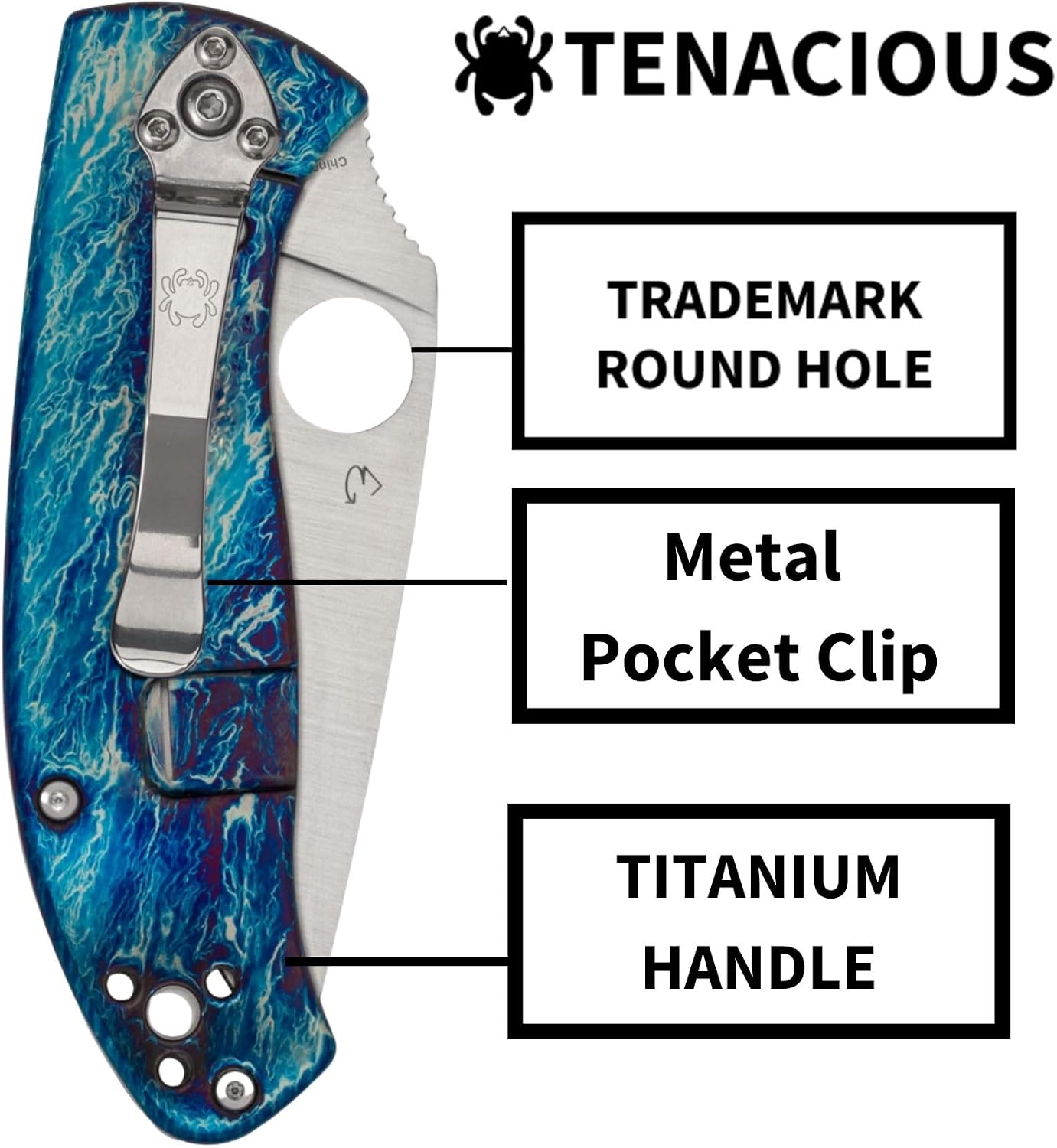 Spyderco Tenacious Disarray Folding Pocket Knife with 3.3' D2 Steel Blade and Titanium Handle - EDC Knife for Men and Women, Perfect for Hunting, Tactical, Camping, Survival - PlainEdge - C122TIBLD2P