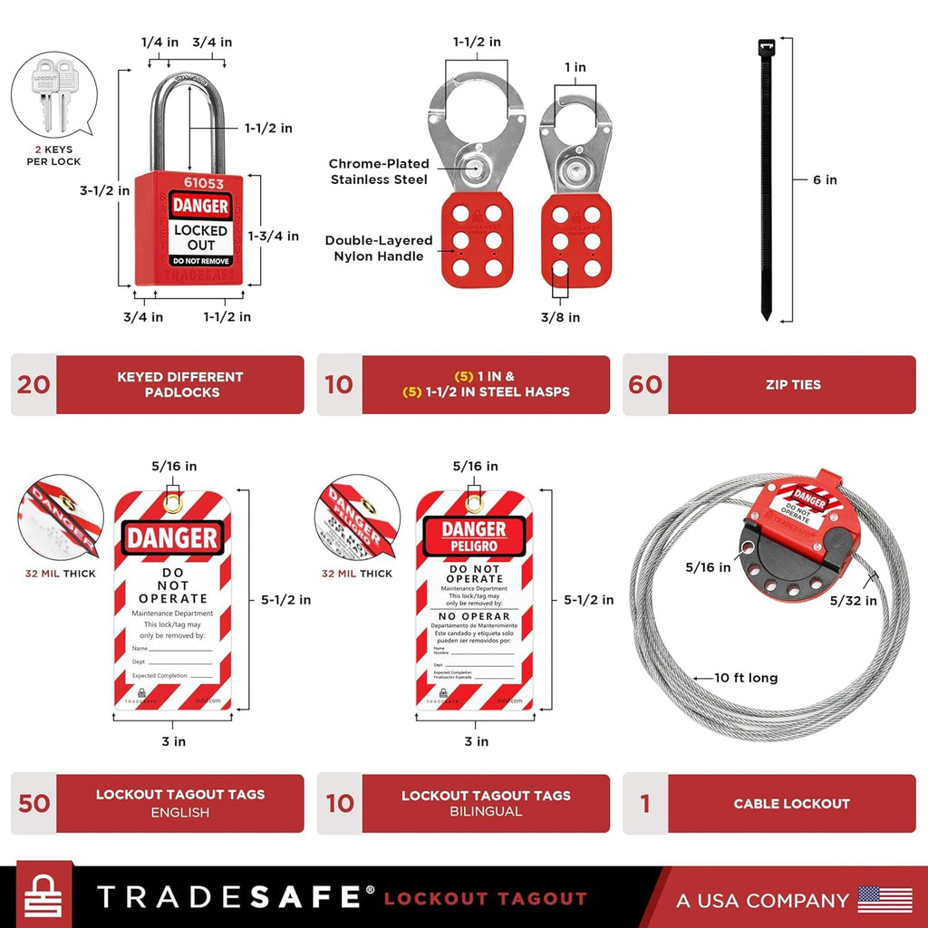 TRADESAFE Lockout Tagout Station - 105 Loto Devices, Loto Locks, Breaker Lockout Devices, Loto Tags, Lockout Hasp, Cable Lock, Lock Out Tag Out Kit Board, OSHA-Compliant
