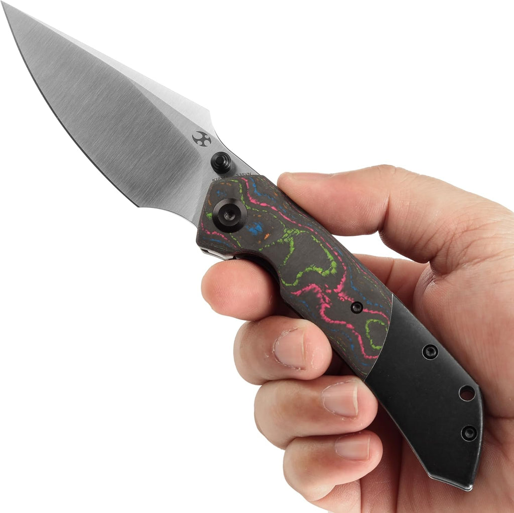 KANSEPT Fenrir Pocket Knife, 3.48'Satin CPM S35VN Harpoon Blade, Blackwash Titanium Handle 80S Carbon Fiber Inlay,Thumb Stud & Liner Lock with Deep Clip EDC Knives for Camping Hunting Survival K1034S1
