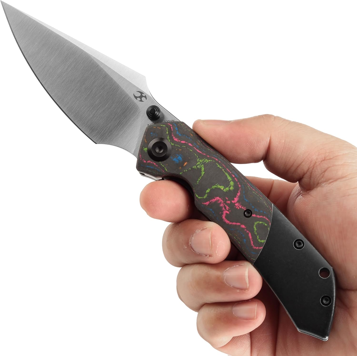KANSEPT Fenrir Pocket Knife, 3.48'Satin CPM S35VN Harpoon Blade, Blackwash Titanium Handle 80S Carbon Fiber Inlay,Thumb Stud & Liner Lock with Deep Clip EDC Knives for Camping Hunting Survival K1034S1