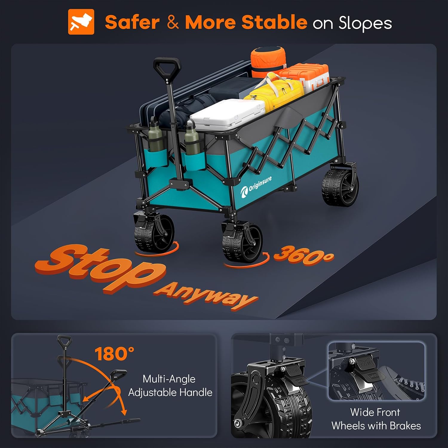 Originsure 220L Collapsible Wagon Cart Foldable, 460lbs Load Capacity Heavy Duty Folding Beach Wagons with Big All-Terrain Wheels, Utility Carts for Groceries, Camping, Sports - Grey&Turquoise
