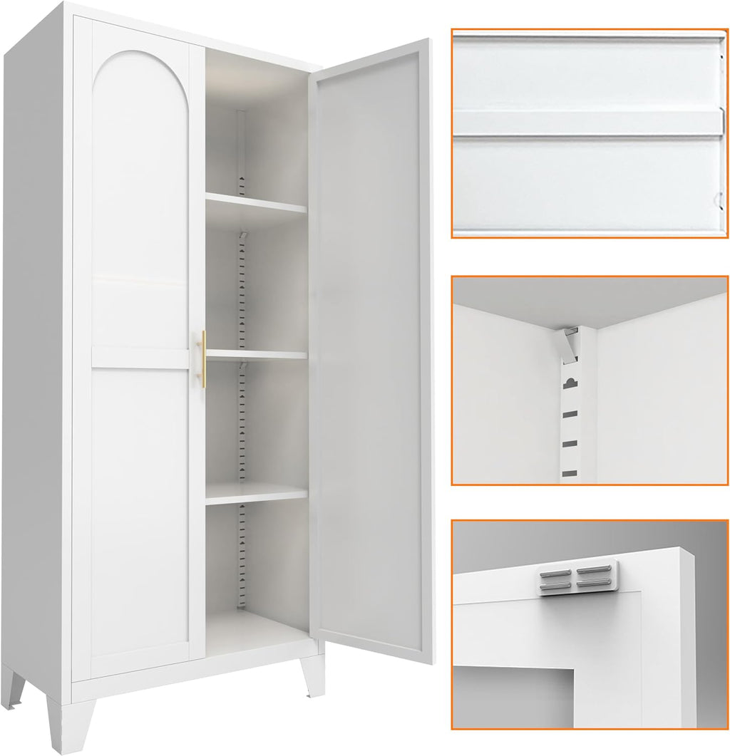 61'' Metal Storage Cabinet with Doors White, Adjustable Shelves Cabinet for Bedroom, Office, Kitchen or Garage, Tall Steel Organizer for Secure and Space-Saving Storage (Product A)