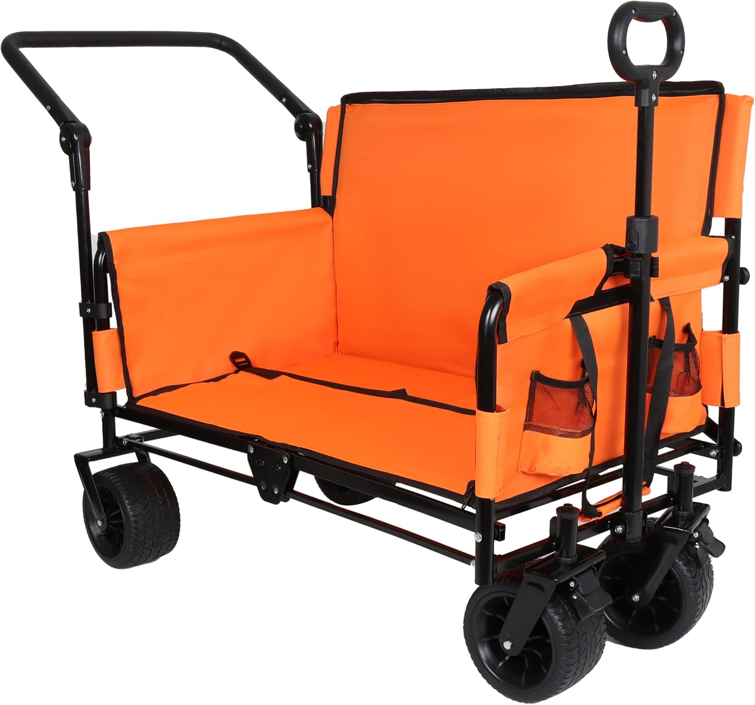 3-in-1 Heavy-Duty Folding Wagon Cart with Bench Seat, UV Canopy & 180L Storage – 500lbs Capacity All-Terrain Utility Cart for Camping, Beach, Sports & Garden (Orange)