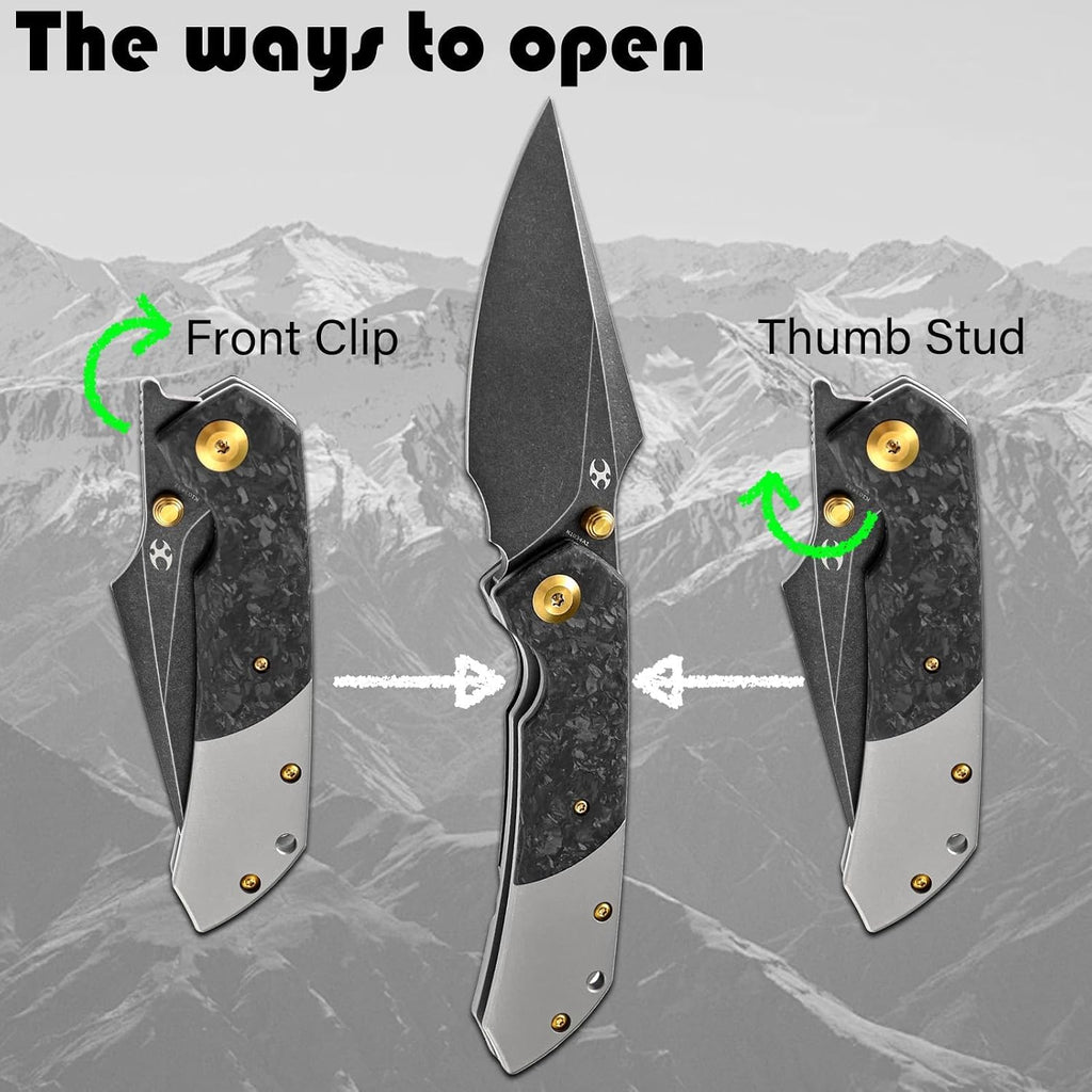 KANSEPT Fenrir Pocket Knife, 3.48' Blackwash CPM S35VN Harpoon Blade, Titanium Handle Shred Carbon Fiber Inlay, Thumb Stud & Liner Lock with Deep Clip EDC Knives for Camping Hunting Survival K1034A1