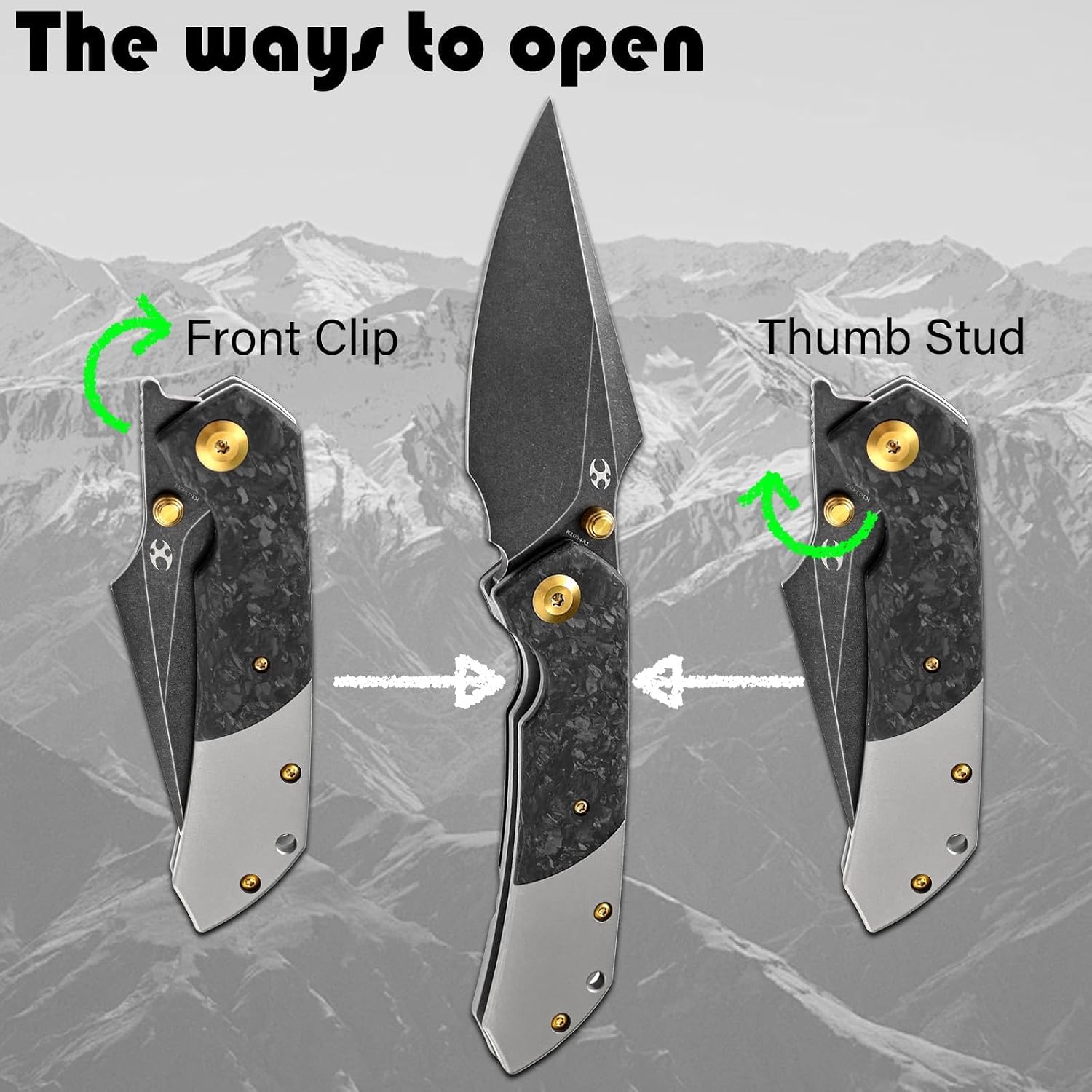 KANSEPT Fenrir Pocket Knife, 3.48' Blackwash CPM S35VN Harpoon Blade, Titanium Handle Shred Carbon Fiber Inlay, Thumb Stud & Liner Lock with Deep Clip EDC Knives for Camping Hunting Survival K1034A1