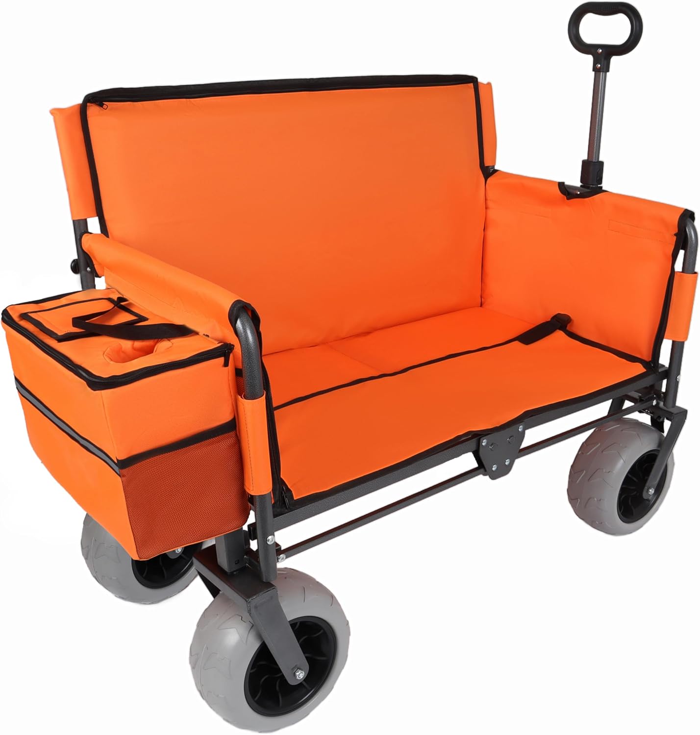Orange Collapsible Wagon, Bench Seat & Storage, All-Terrain 9'x4' Beach Tires, Steel Frame, Folding Camping Cart for Beach, Sports, Fish, 40.94x20.47x44.29 in