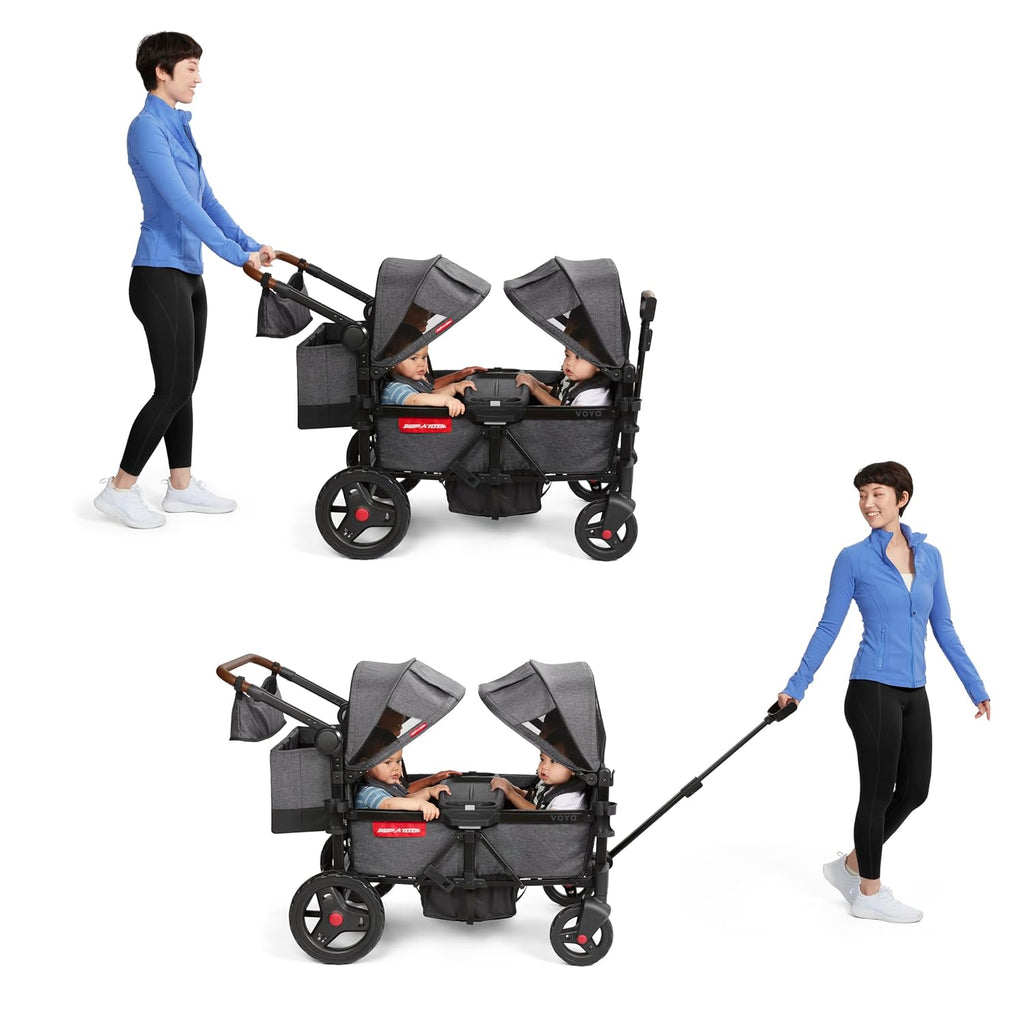 Radio Flyer Voya Quad Stroller Wagon, for Toddlers and Kids 6+ Months, Push or Pull, 4 Seats, Dual Sun Canopies, Compact Fold, Lightweight, Storage Space, 5-Point Harnesses, Stroller Wagon for Kids