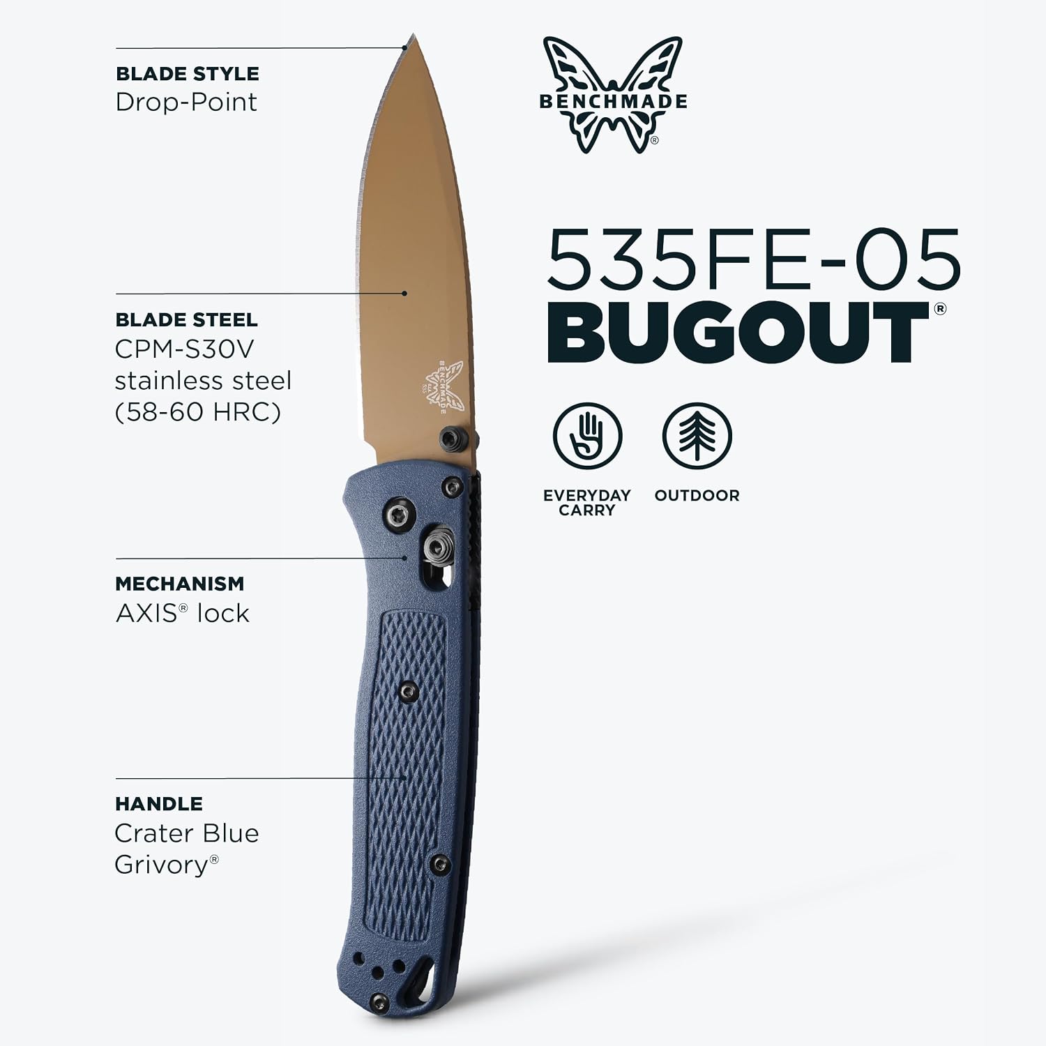 Benchmade - Bugout Outdoor EDC Folding Knife, Slim, Lightweight, Plain Edge, Drop-Point Blade, CPM-S30V Stainless Steel (58-60HRC), Grivory Handle (535FE-05)
