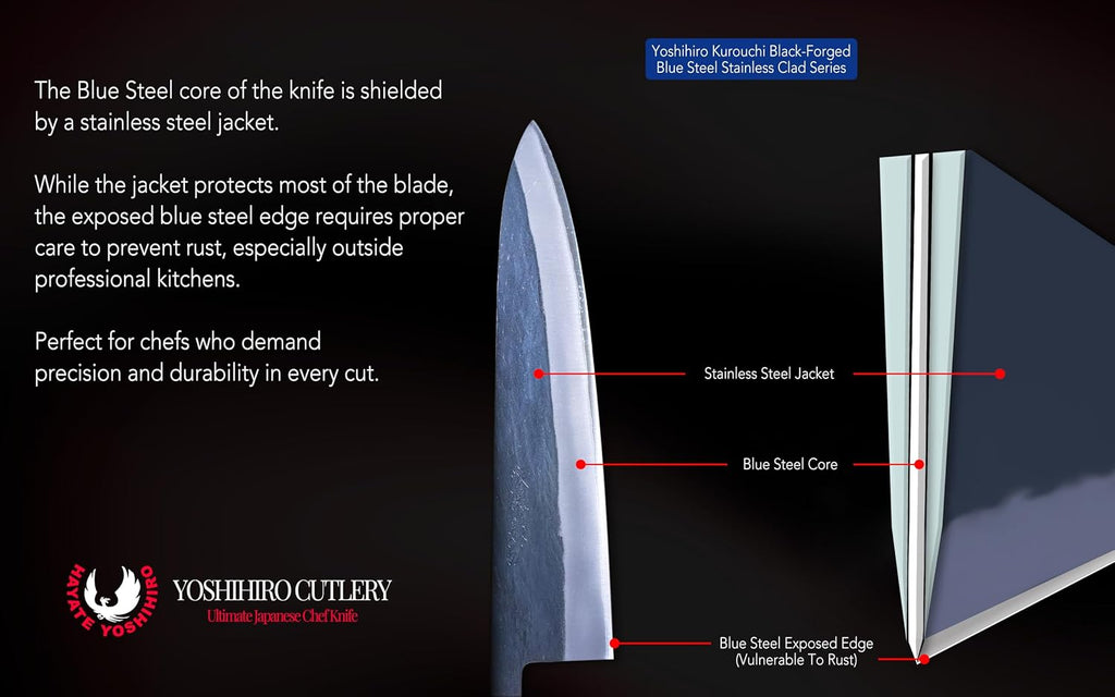Yoshihiro Kurouchi Black-Forged Blue Steel Stainless Clad Gyuto Chefs Knife Ebony Handle (8.25'' (210mm) & Saya)