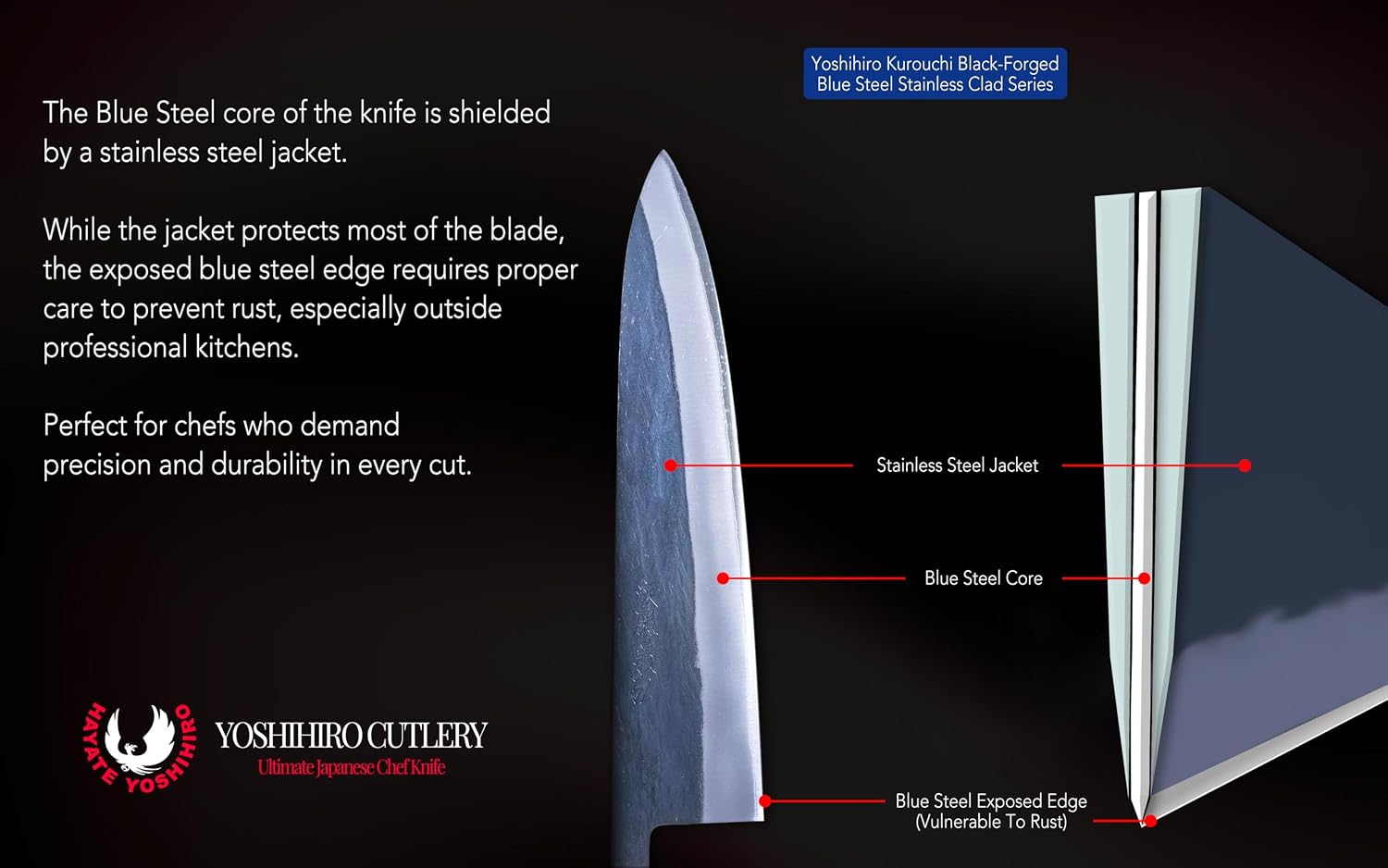 Yoshihiro Kurouchi Black-Forged Blue Steel Stainless Clad Gyuto Chefs Knife Ebony Handle (8.25'' (210mm) & Saya)