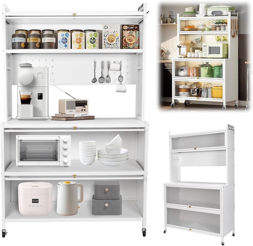 5 Tier Rolling Kitchen Bakers Rack with Locker Hole Board, 63.98x39.37x15.75inch Kitchen Pantry Cabinet Storage with Wheels Hooks, Farmhouse Coffee Bar Cabinet with Drawer Barn Doors
